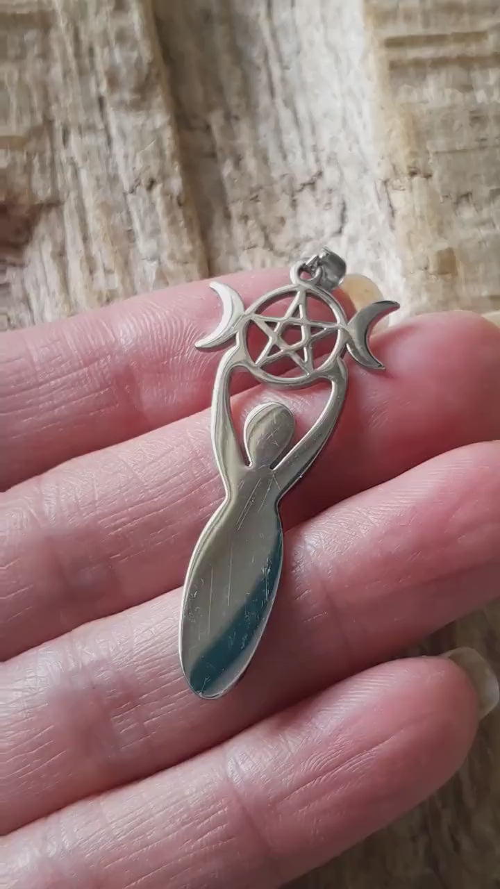 Pagan Triple Moon Goddess Pendant, 45x20mm, Silver Wiccan Goddess & Pentagram Charm, Jewellery Making Supplies, UK Seller