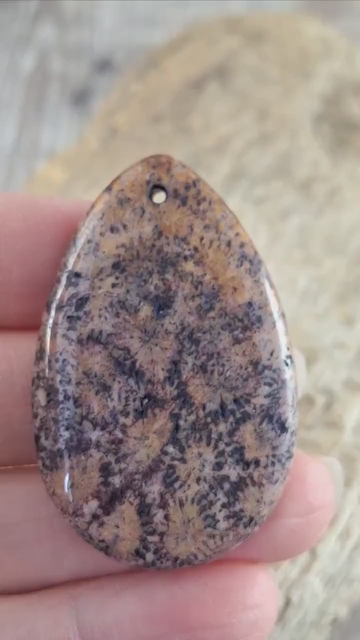 Large Purple Fossil Coral Jasper Pendant 48x31mm, Semi Precious Gemstone, Loose Stone Teardrop Cabochon, Jewellery Making Supplies UK A9