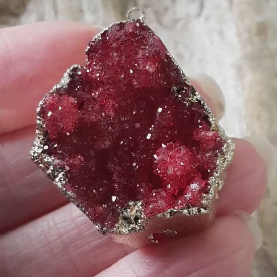 Red & Gold Druzy Quartz Geode Pendant 33x28mm, Semi Precious Gemstone, Loose Stone, Designer Jewellery Making Supplies UK N5