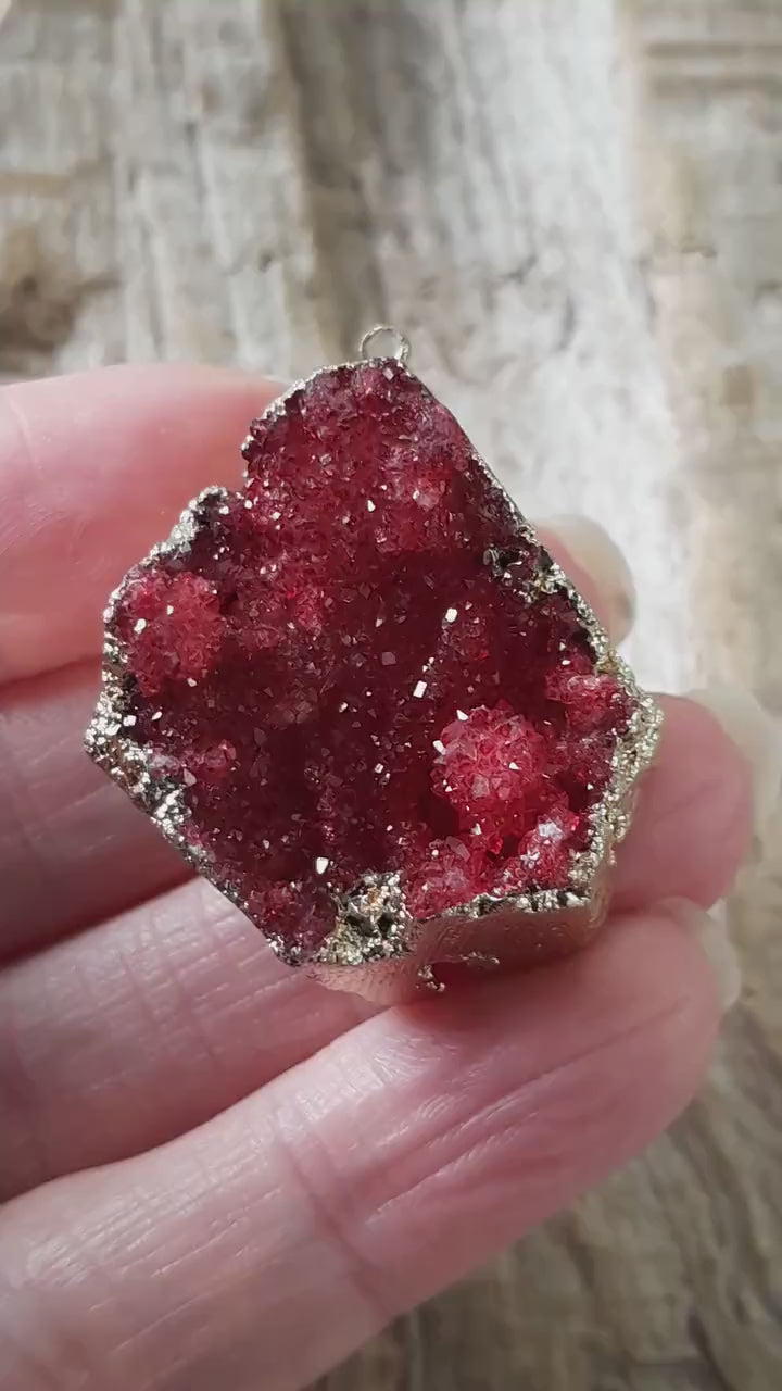 Red & Gold Druzy Quartz Geode Pendant 33x28mm, Semi Precious Gemstone, Loose Stone, Designer Jewellery Making Supplies UK N5