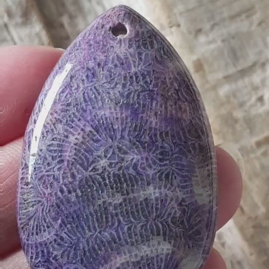 Purple Fossil Coral Jasper Teardrop Pendant, 49x31mm, Semi Precious Gemstone, Flat Backed Cabochon, Top Drilled Stone, Jewelry Making, L4