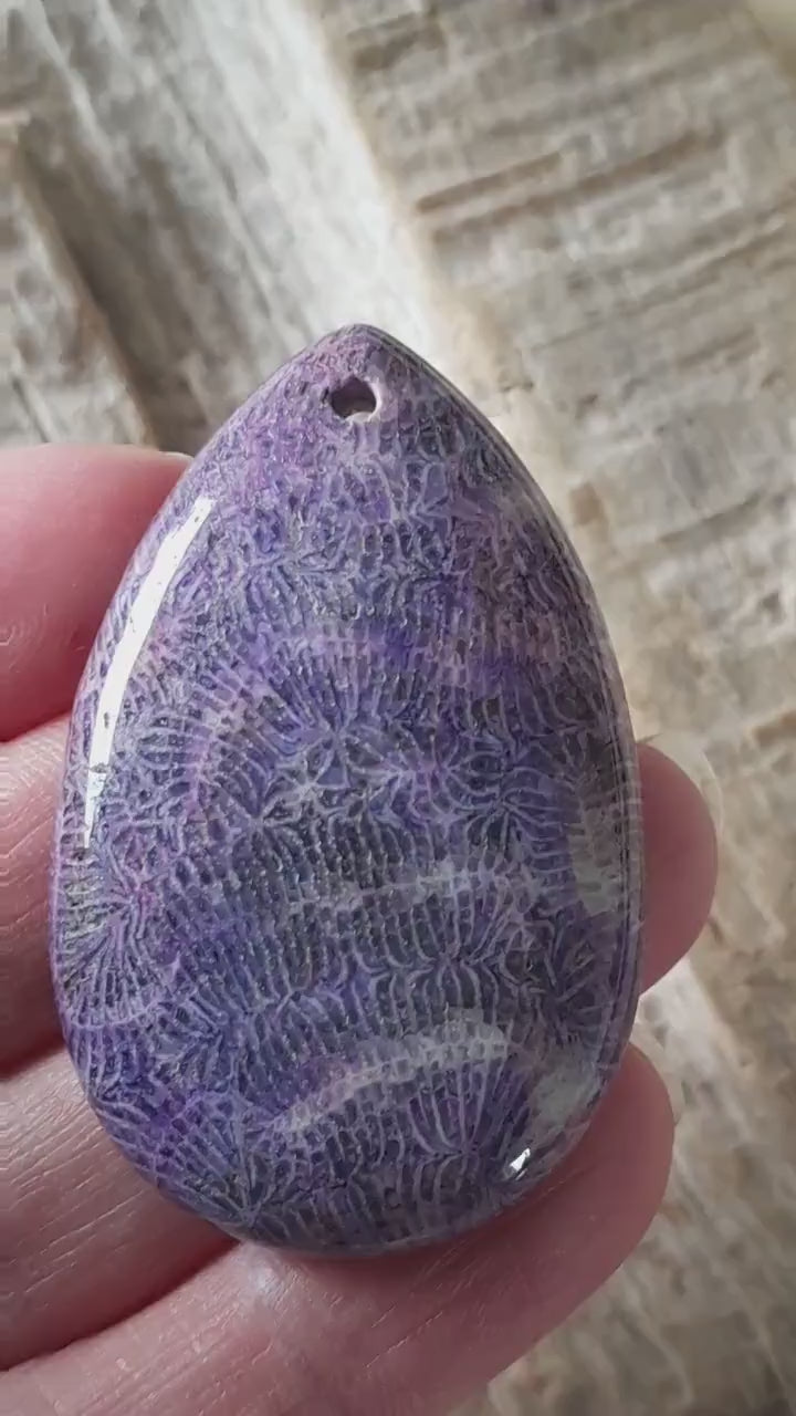 Purple Fossil Coral Jasper Teardrop Pendant, 49x31mm, Semi Precious Gemstone, Flat Backed Cabochon, Top Drilled Stone, Jewelry Making, L4