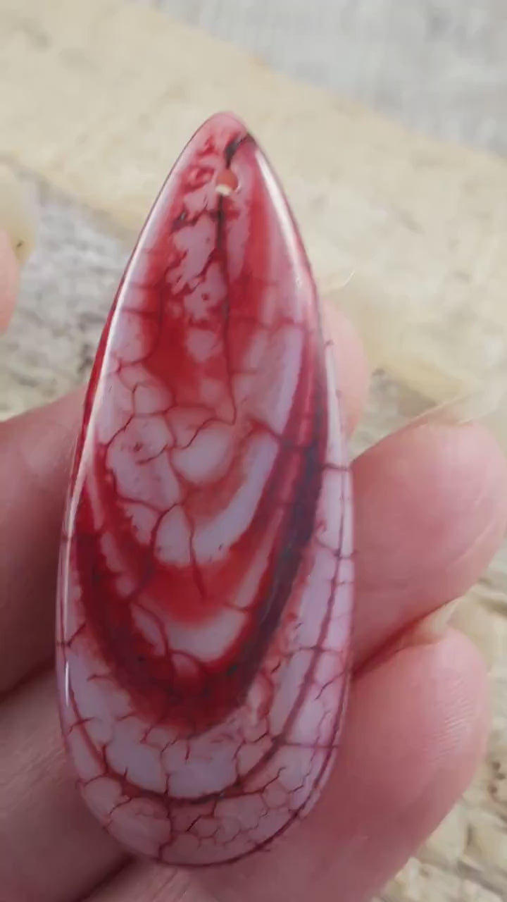 Red Dragons Vein Agate Pendant 50x20mm, Semi Precious Gemstone, Flat Backed Teardrop, Jewellery Making Supplies, UK Seller M9