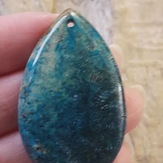 Blue Fossil Coral Jasper Teardrop Pendant, Semi Precious Gemstone 47x30mm, Top Drilled Designer Loose Stone, Jewellery Making Supplies UK H7