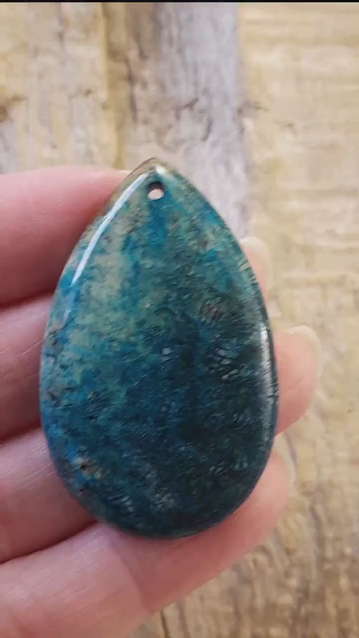 Blue Fossil Coral Jasper Teardrop Pendant, Semi Precious Gemstone 47x30mm, Top Drilled Designer Loose Stone, Jewellery Making Supplies UK H7