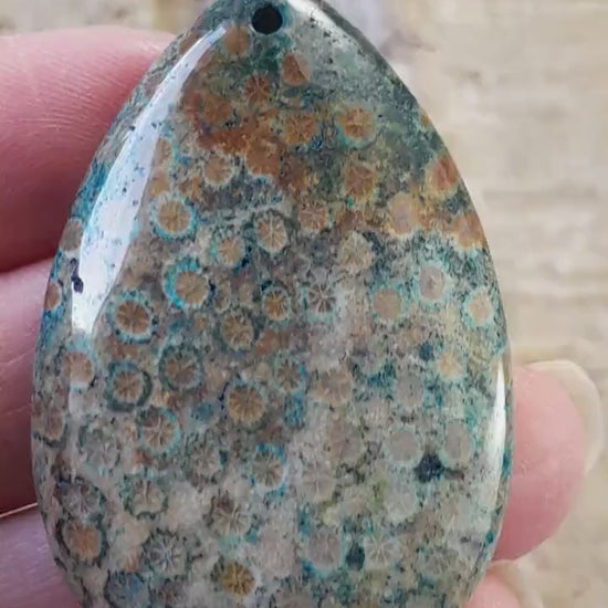 Blue Fossil Coral Jasper Teardrop Pendant, 47x31mm Semi Precious Gemstone, Necklace Pendant, Designers Loose Stone, Jewellery Supplies H9