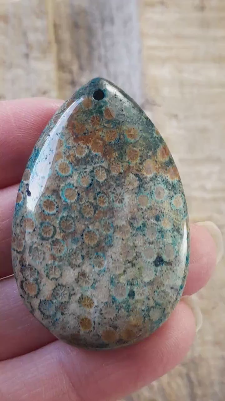Blue Fossil Coral Jasper Teardrop Pendant, 47x31mm Semi Precious Gemstone, Necklace Pendant, Designers Loose Stone, Jewellery Supplies H9
