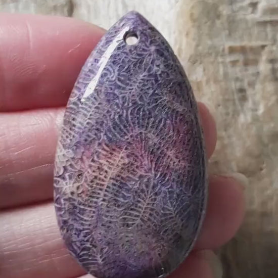 Fossil Coral Jasper Pendant 44x24mm, Semi Precious Gemstone Cabochon, Drilled Loose Stone Teardrop, Jewellery Making Supplies K6
