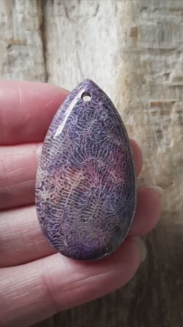 Fossil Coral Jasper Pendant 44x24mm, Semi Precious Gemstone Cabochon, Drilled Loose Stone Teardrop, Jewellery Making Supplies K6