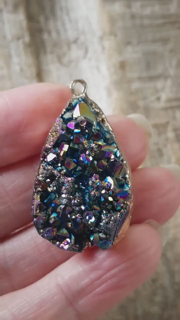 Druzy Quartz Geode Crystal Teardrop Pendant, 38x23mm Semi Precious Gemstone, Focal Bead Loose Stone, Jewelry Making Supplies, UK T2