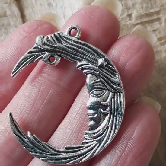 Crescent Moon Goddess Silver Pendant 35x30mm, Celestial Wiccan Pagan Silver Charm, Jewelry Making Supplies, UK Seller