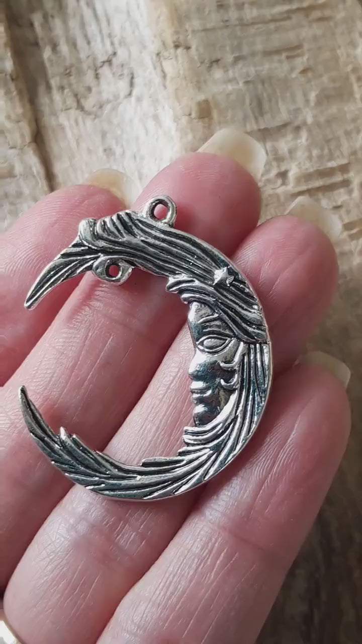 Crescent Moon Goddess Silver Pendant 35x30mm, Celestial Wiccan Pagan Silver Charm, Jewelry Making Supplies, UK Seller