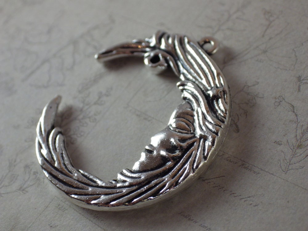 Crescent Moon Goddess Silver Pendant 35x30mm, Celestial Wiccan Pagan Silver Charm, Jewelry Making Supplies, UK Seller