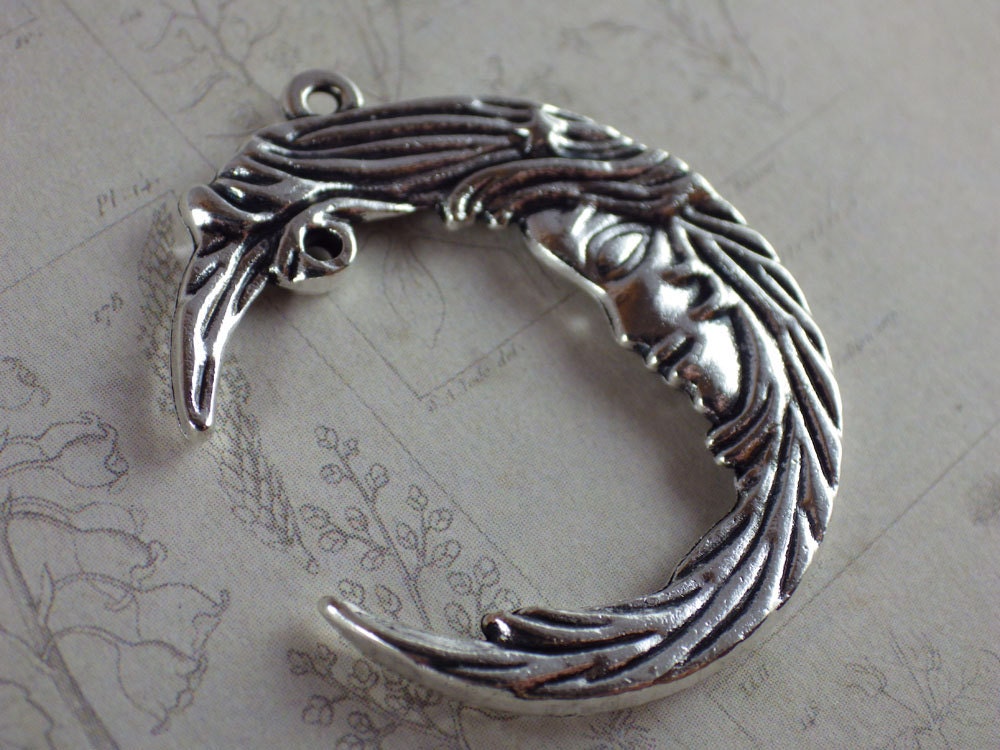 Crescent Moon Goddess Silver Pendant 35x30mm, Celestial Wiccan Pagan Silver Charm, Jewelry Making Supplies, UK Seller