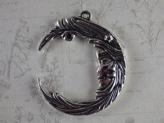 Crescent Moon Goddess Silver Pendant 35x30mm, Celestial Wiccan Pagan Silver Charm, Jewelry Making Supplies, UK Seller