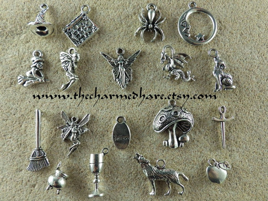 18 x Fairy Tale & Fantasy Mixed 3D Charms Set, Silver Pendants, Bulk Bracelet Charms, Witch Cauldron Fairy Wolf Dragon, UK