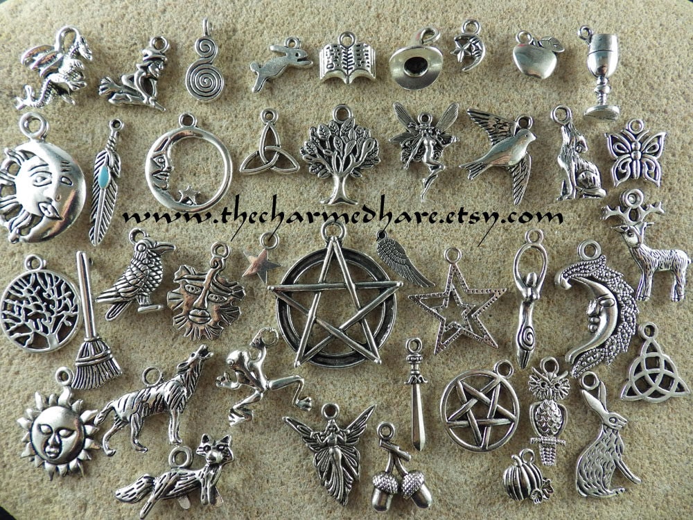 41 x Wholesale Mixed Pagan Pendants, Bulk Wiccan Silver Charms Set, Bracelet Charms, Charm Confetti, Witchy Charms, UK Jewelry Supplies C2
