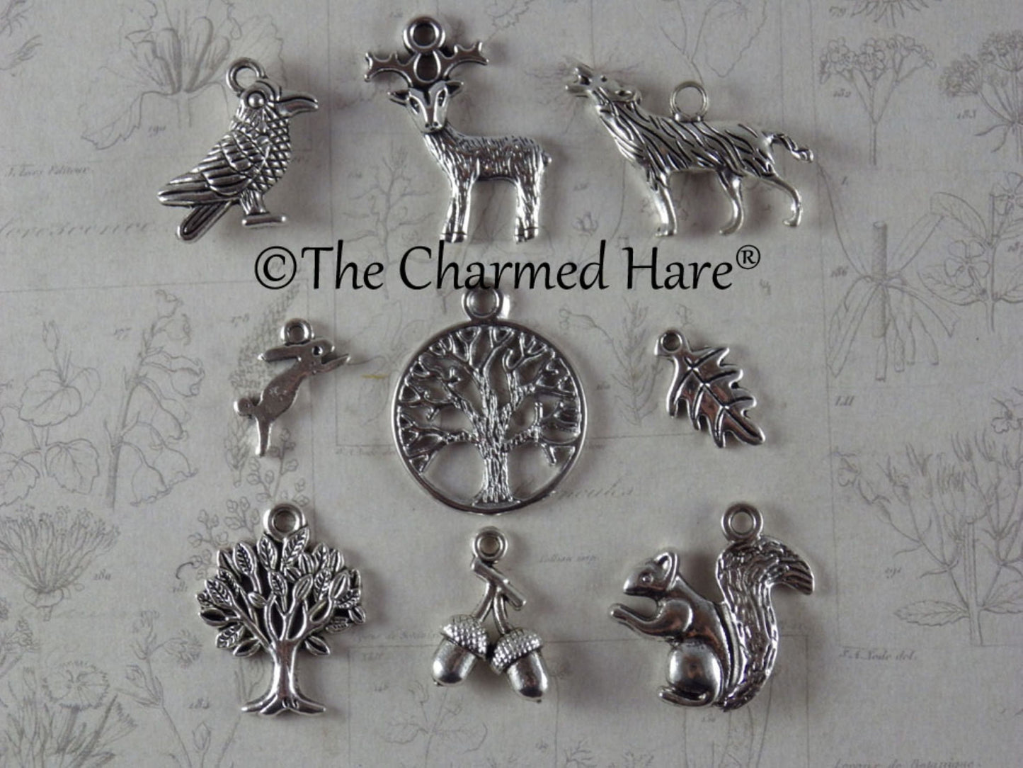 9 x Magical Forest Charms Pendants, Wiccan Pagan Bracelet Charms, Silver 3D Woodland Animal Necklace Pendants, Casting, Jewelry Making UK