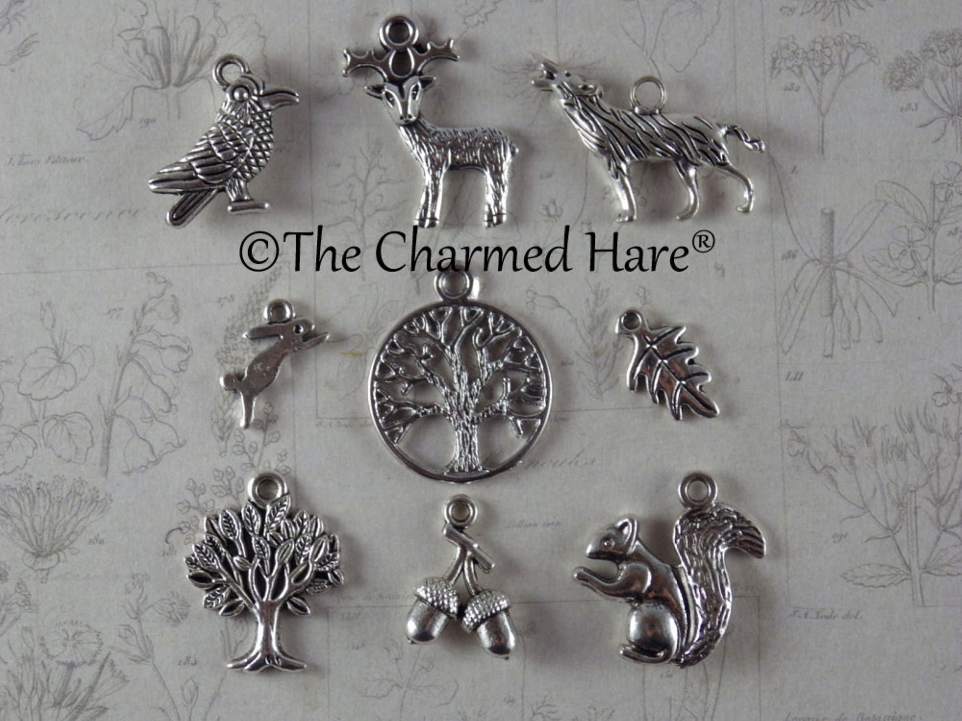 9 x Magical Forest Charms Pendants, Wiccan Pagan Bracelet Charms, Silver 3D Woodland Animal Necklace Pendants, Casting, Jewelry Making UK