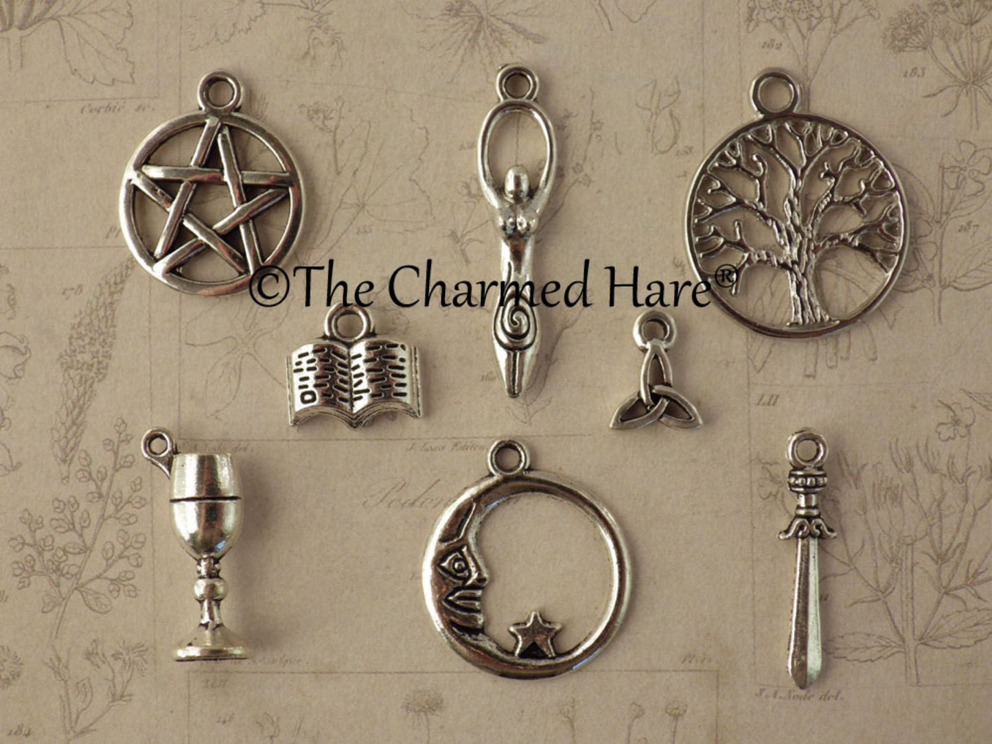 8 x Mixed Pagan Bracelet Charms, Wiccan Silver Pendants, Pentacle Goddess Chalice Athame Tree Book Of Shadows, Jewelry Making Supplies UK