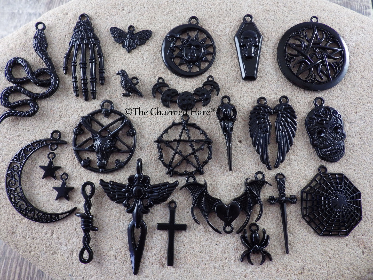 24 x Mixed Pagan Large Black Enamel Charms Pendants, Wiccan Gothic Occult Witchy Necklace Charms Set, Pentagram Moon Dagger Raven