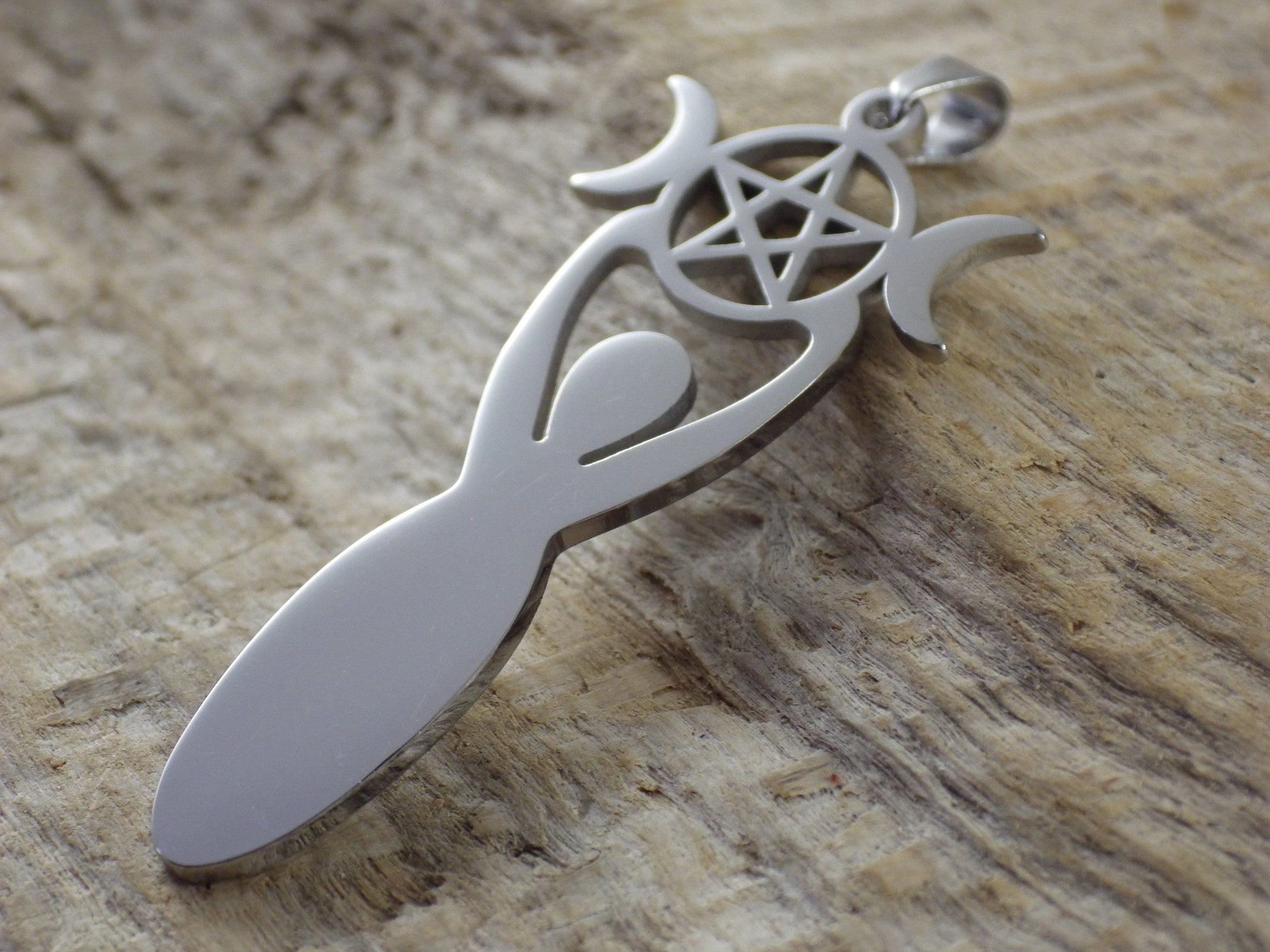 Pagan Triple Moon Goddess Pendant, 45x20mm, Silver Wiccan Goddess & Pentagram Charm, Jewellery Making Supplies, UK Seller