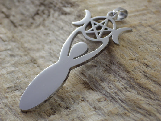 Pagan Triple Moon Goddess Pendant, 45x20mm, Silver Wiccan Goddess & Pentagram Charm, Jewellery Making Supplies, UK Seller