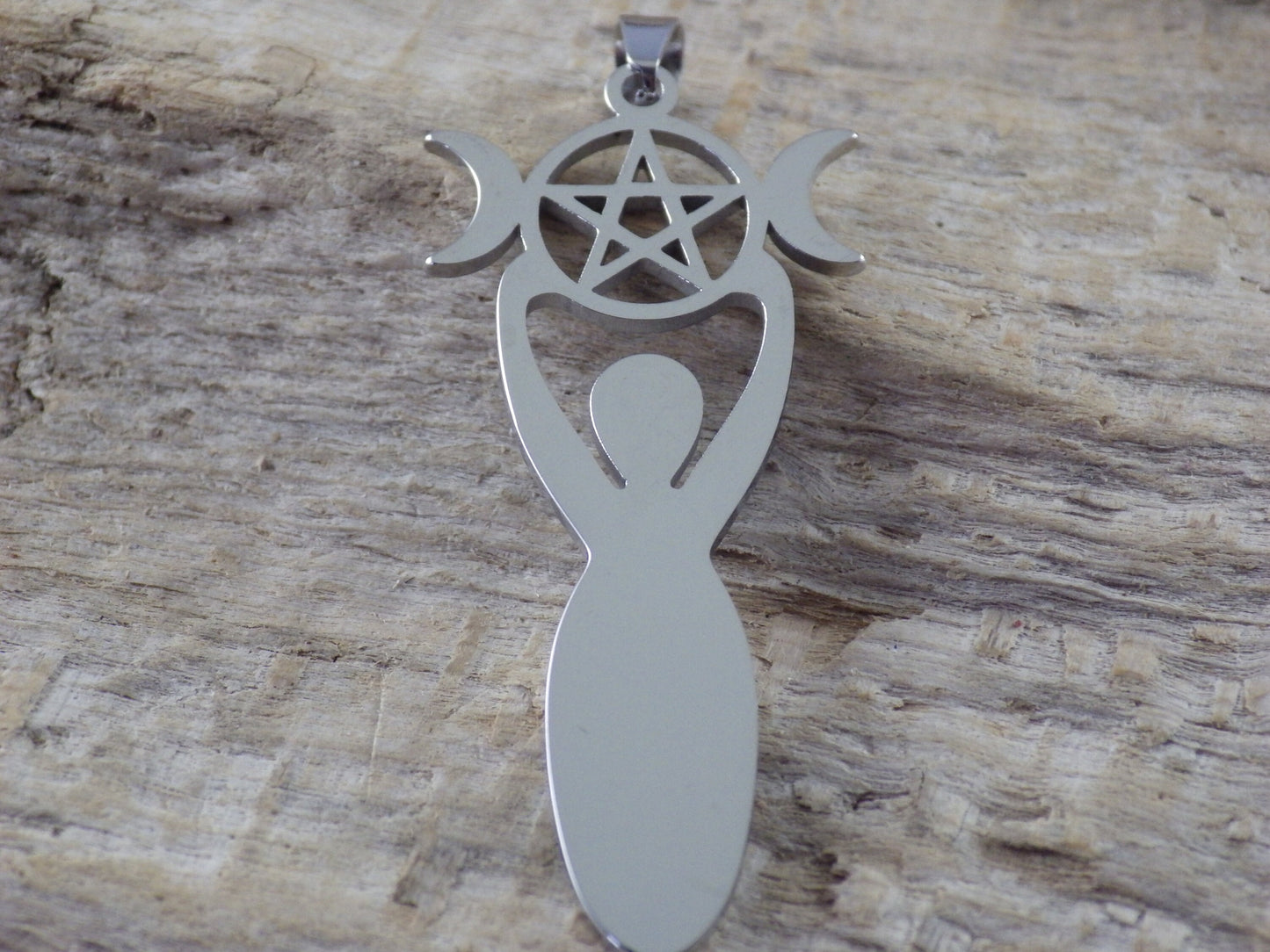 Pagan Triple Moon Goddess Pendant, 45x20mm, Silver Wiccan Goddess & Pentagram Charm, Jewellery Making Supplies, UK Seller