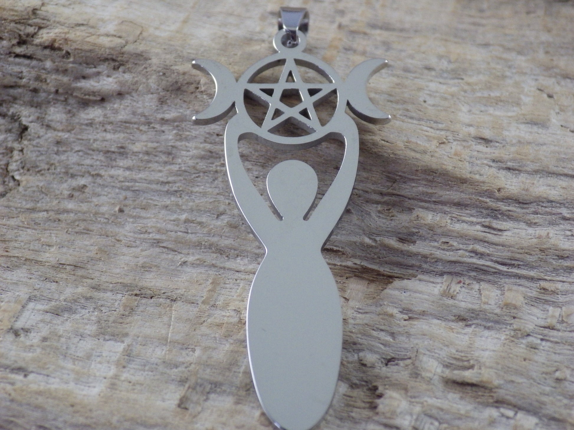 Pagan Triple Moon Goddess Pendant, 45x20mm, Silver Wiccan Goddess & Pentagram Charm, Jewellery Making Supplies, UK Seller