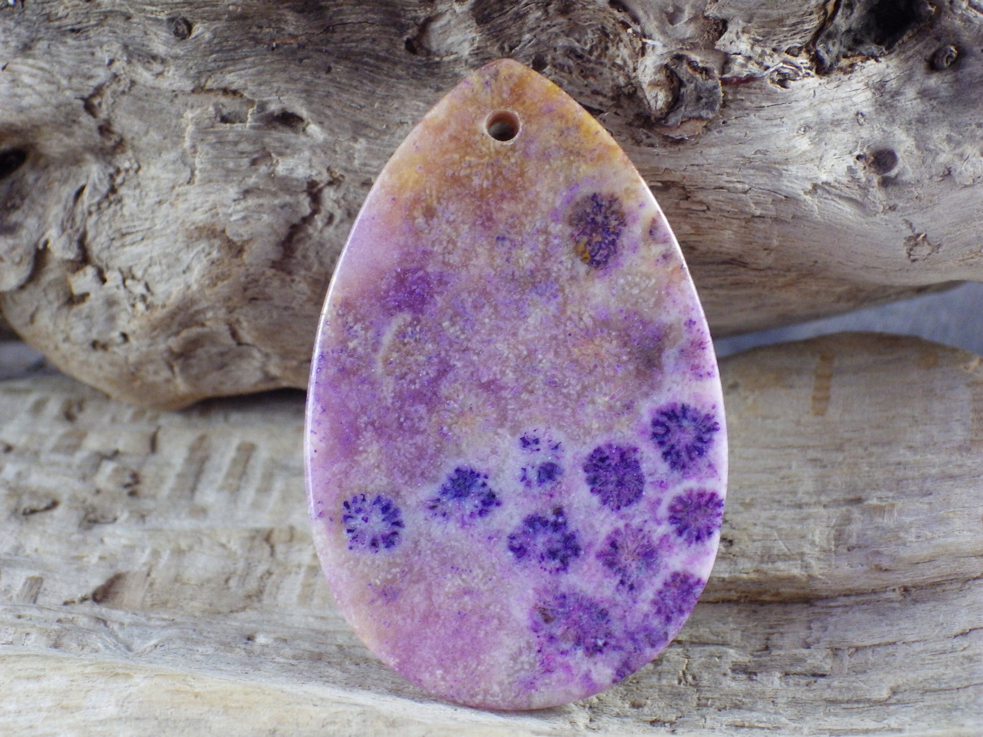 Purple Fossil Coral Jasper Pendant 50x32mm, Semi Precious Gemstone Teardrop, Loose Designers Stone, Jewelry Making Supplies H8