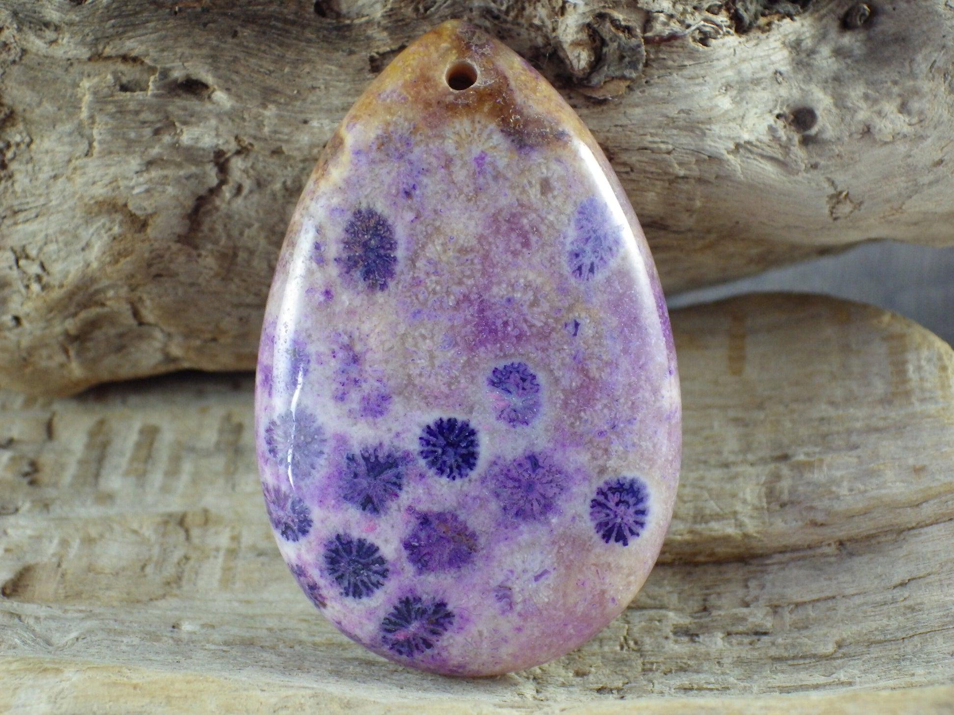 Purple Fossil Coral Jasper Pendant 50x32mm, Semi Precious Gemstone Teardrop, Loose Designers Stone, Jewelry Making Supplies H8