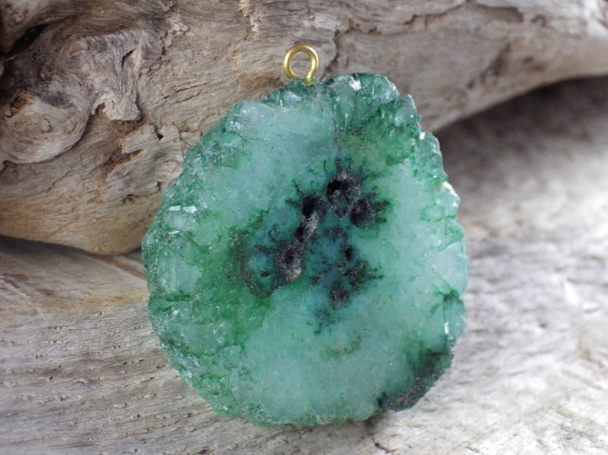 Emerald Green Druzy Quartz Geode Slice, Semi Precious Gemstone Pendant, 34x33mm Designer's Loose Stone, Focal Bead, Jewelry Making T3