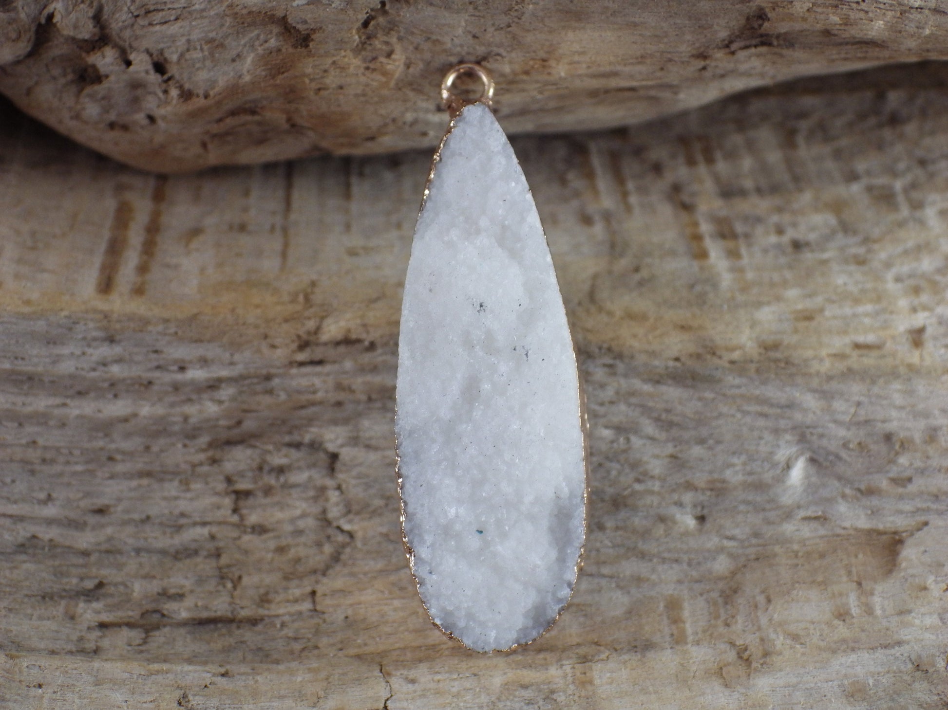 White Druzy Quartz Geode Pendant 41x12mm, Semi Precious Gemstone, Flat Back Teardop, Designer Loose Stone, Jewellery Making Supplies M3
