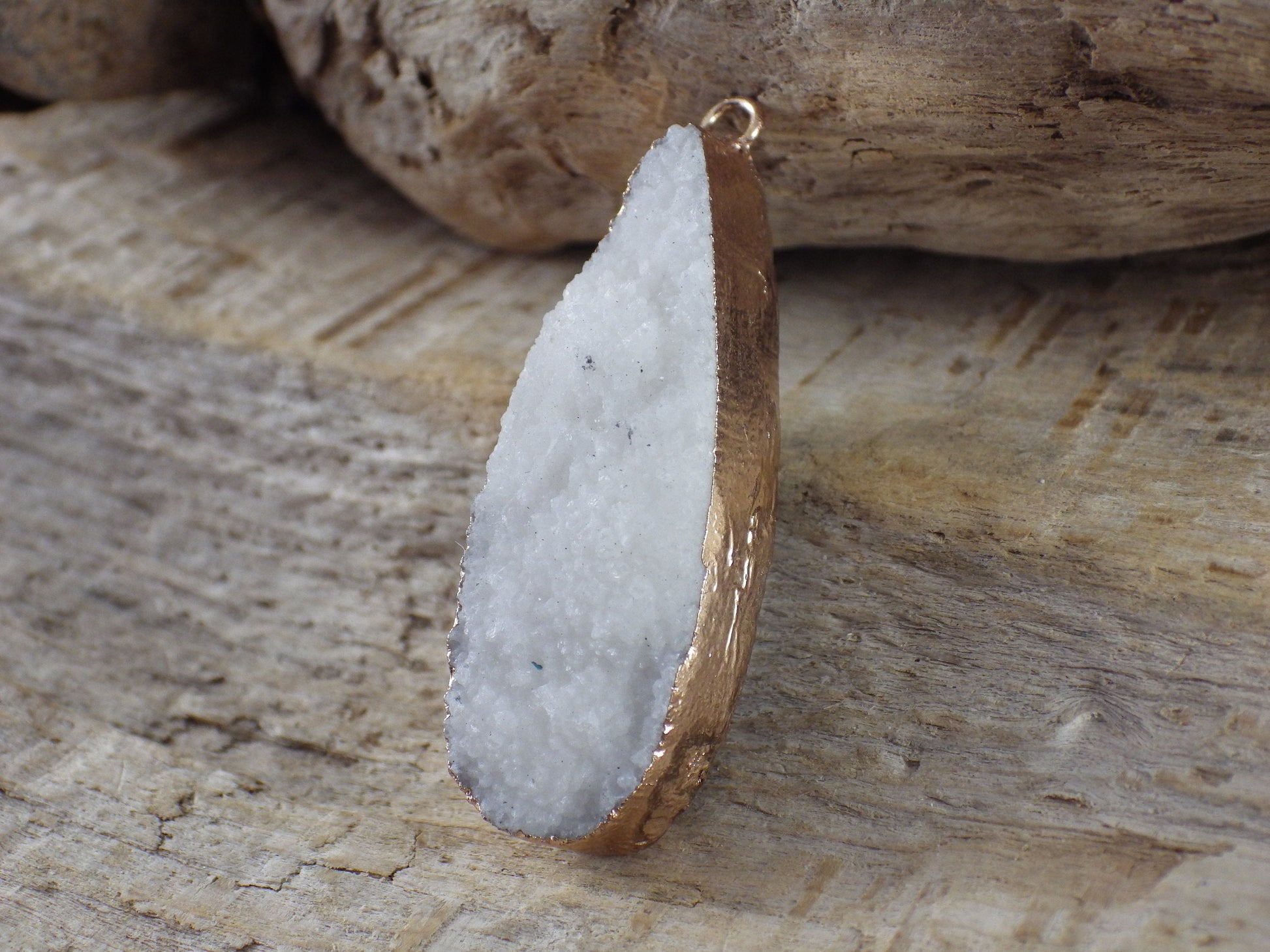 White Druzy Quartz Geode Pendant 41x12mm, Semi Precious Gemstone, Flat Back Teardop, Designer Loose Stone, Jewellery Making Supplies M3