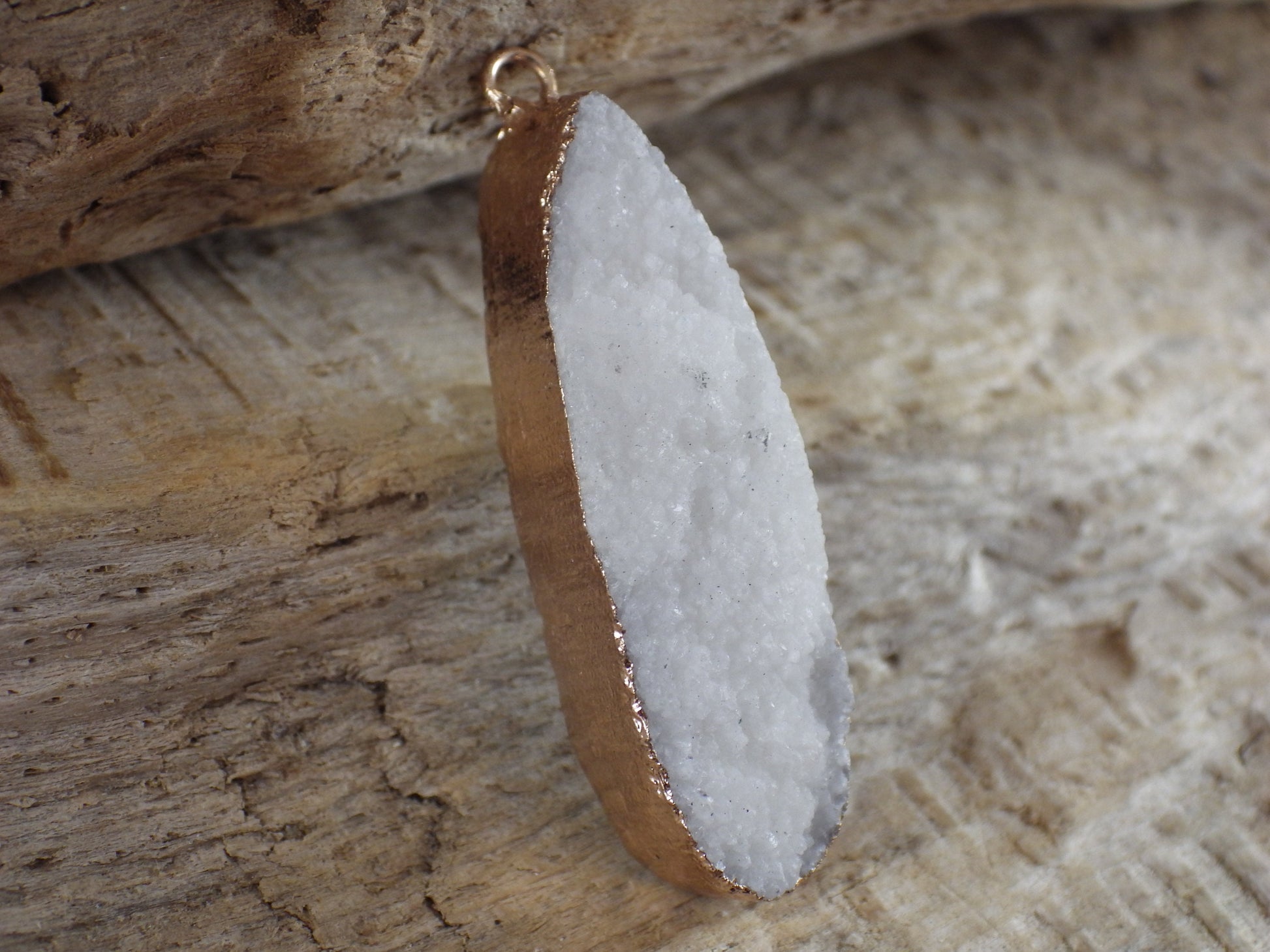 White Druzy Quartz Geode Pendant 41x12mm, Semi Precious Gemstone, Flat Back Teardop, Designer Loose Stone, Jewellery Making Supplies M3