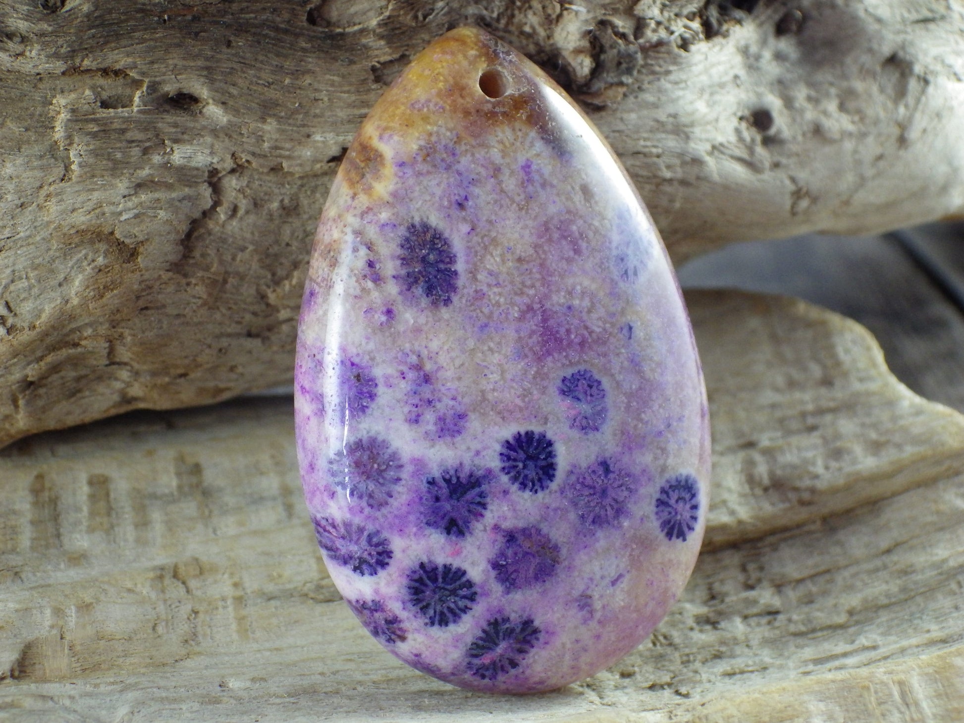 Purple Fossil Coral Jasper Pendant 50x32mm, Semi Precious Gemstone Teardrop, Loose Designers Stone, Jewelry Making Supplies H8