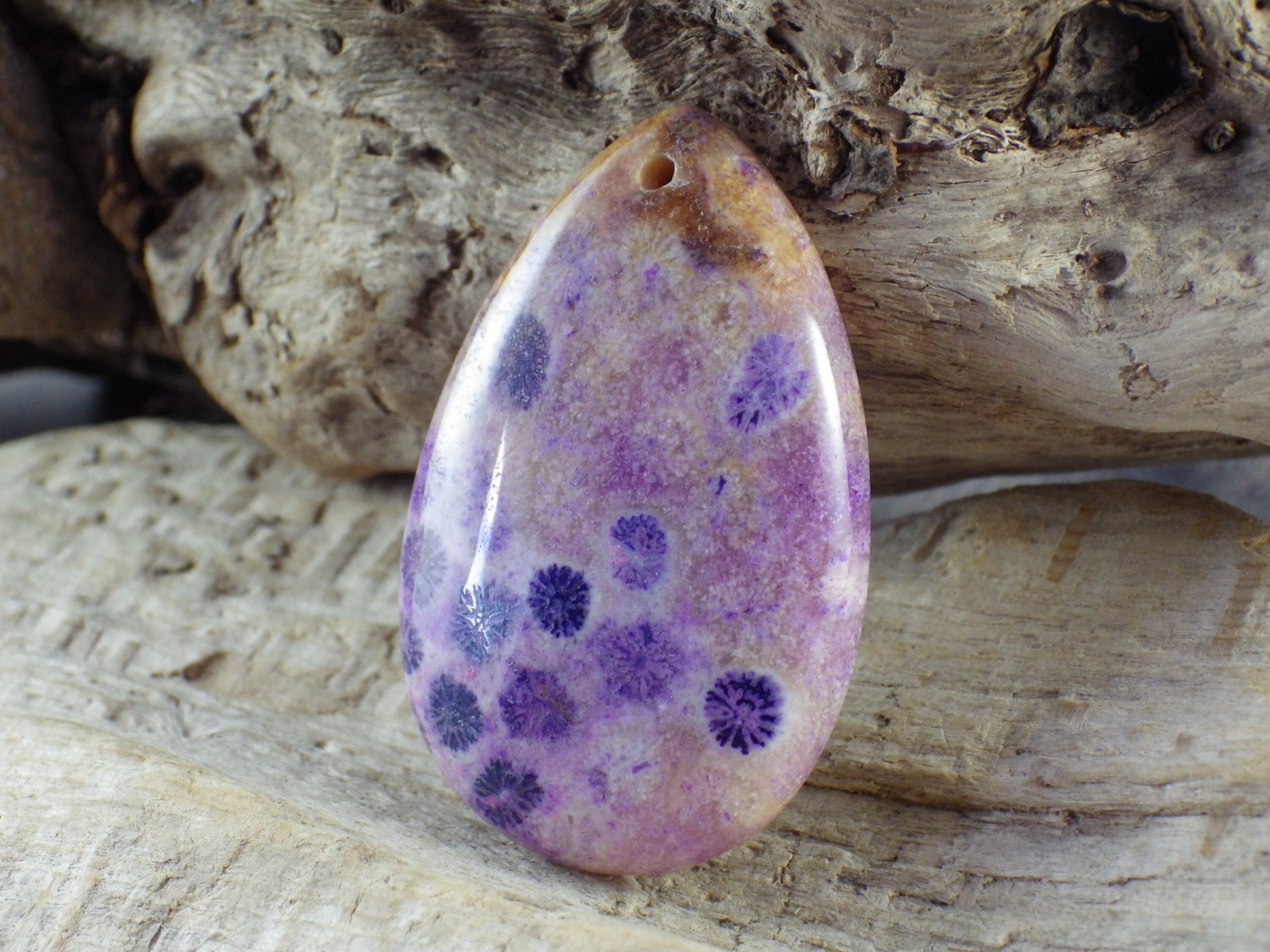 Purple Fossil Coral Jasper Pendant 50x32mm, Semi Precious Gemstone Teardrop, Loose Designers Stone, Jewelry Making Supplies H8