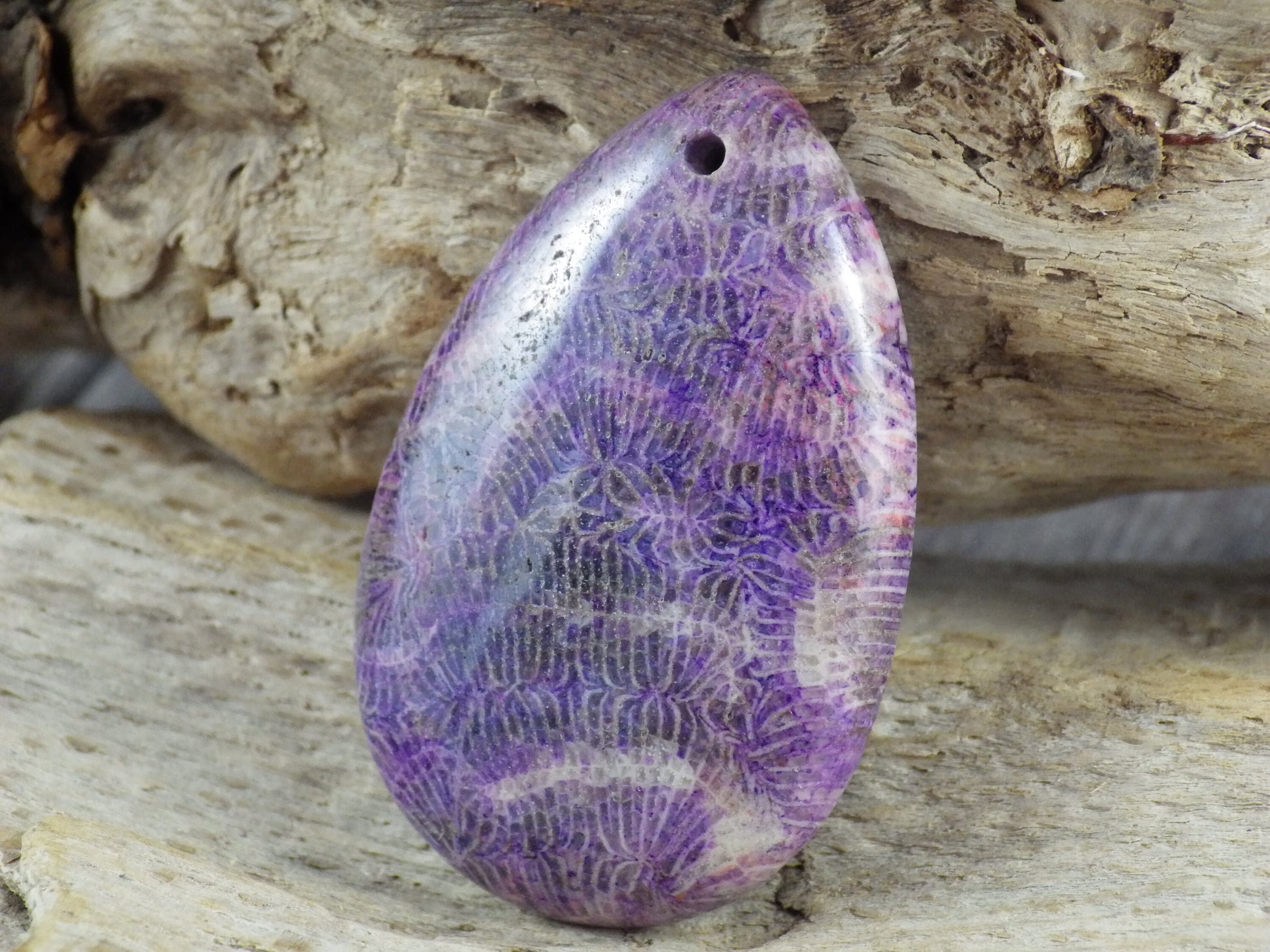 Purple Fossil Coral Jasper Teardrop Pendant, 49x31mm, Semi Precious Gemstone, Flat Backed Cabochon, Top Drilled Stone, Jewelry Making, L4