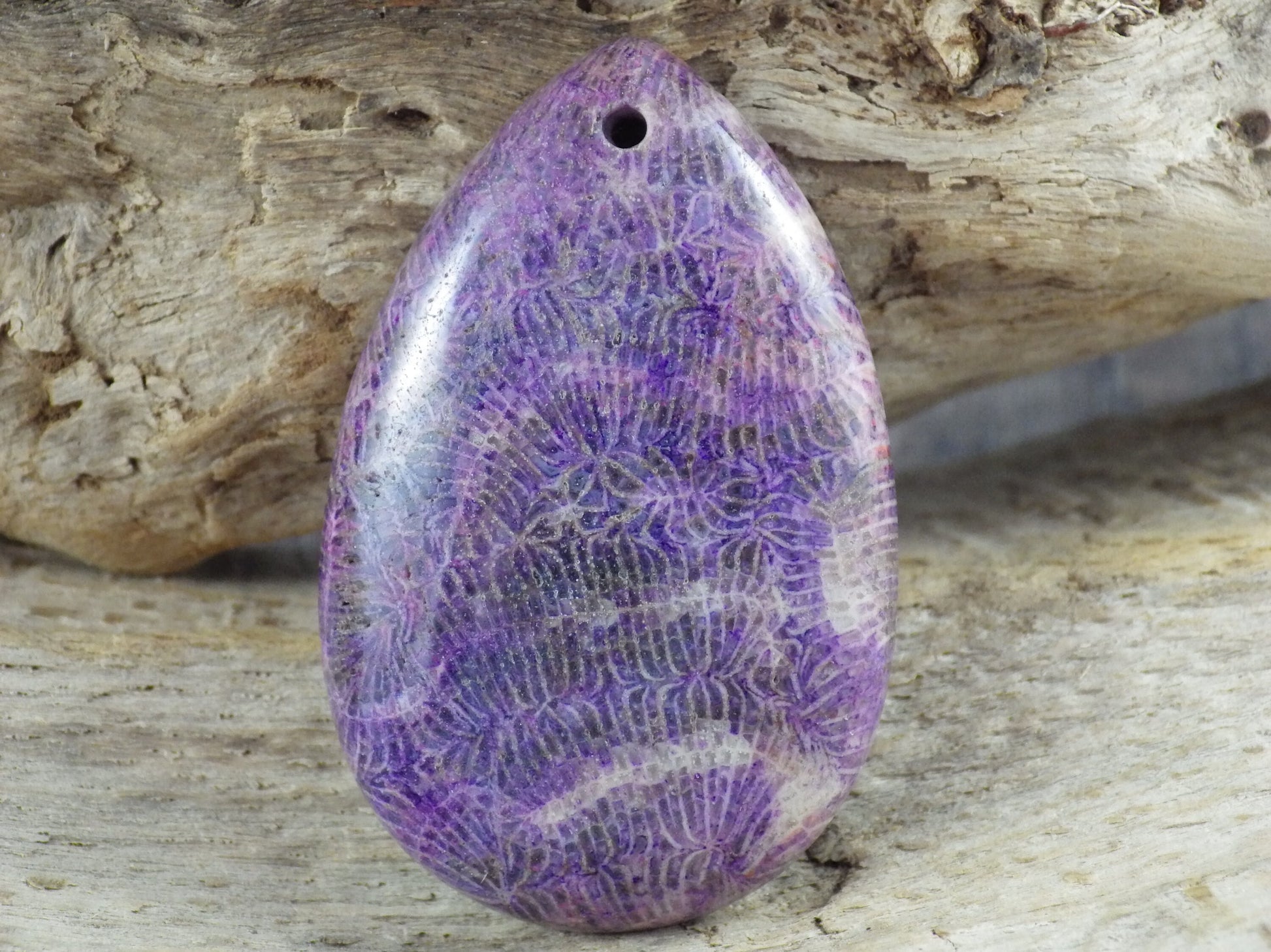 Purple Fossil Coral Jasper Teardrop Pendant, 49x31mm, Semi Precious Gemstone, Flat Backed Cabochon, Top Drilled Stone, Jewelry Making, L4