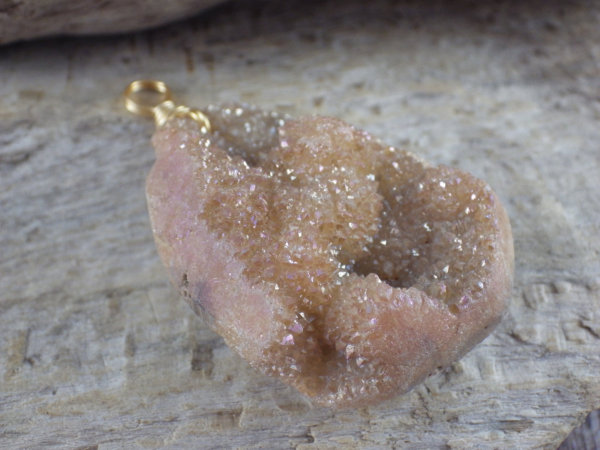 Peach Druzy Quartz Geode Crystal Teardrop Pendant, 45x35mm Semi Precious Gemstone, Focal Bead Loose Stone, Jewelry Making Supplies, UK T2