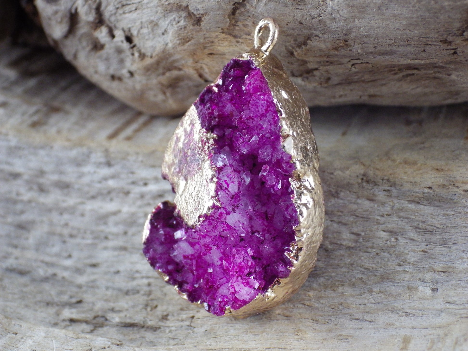 Pink Druzy Quartz Geode Crystal Teardrop Pendant #T6