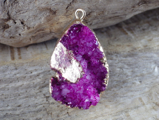 Pink Druzy Quartz Geode Crystal Teardrop Pendant #T6
