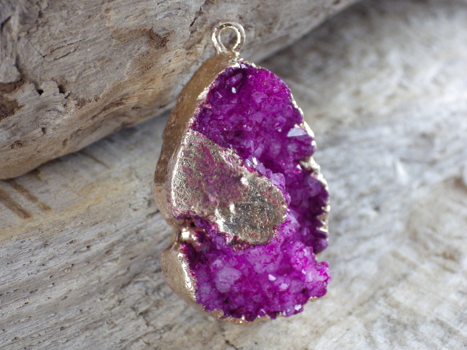 Pink Druzy Quartz Geode Crystal Teardrop Pendant #T6