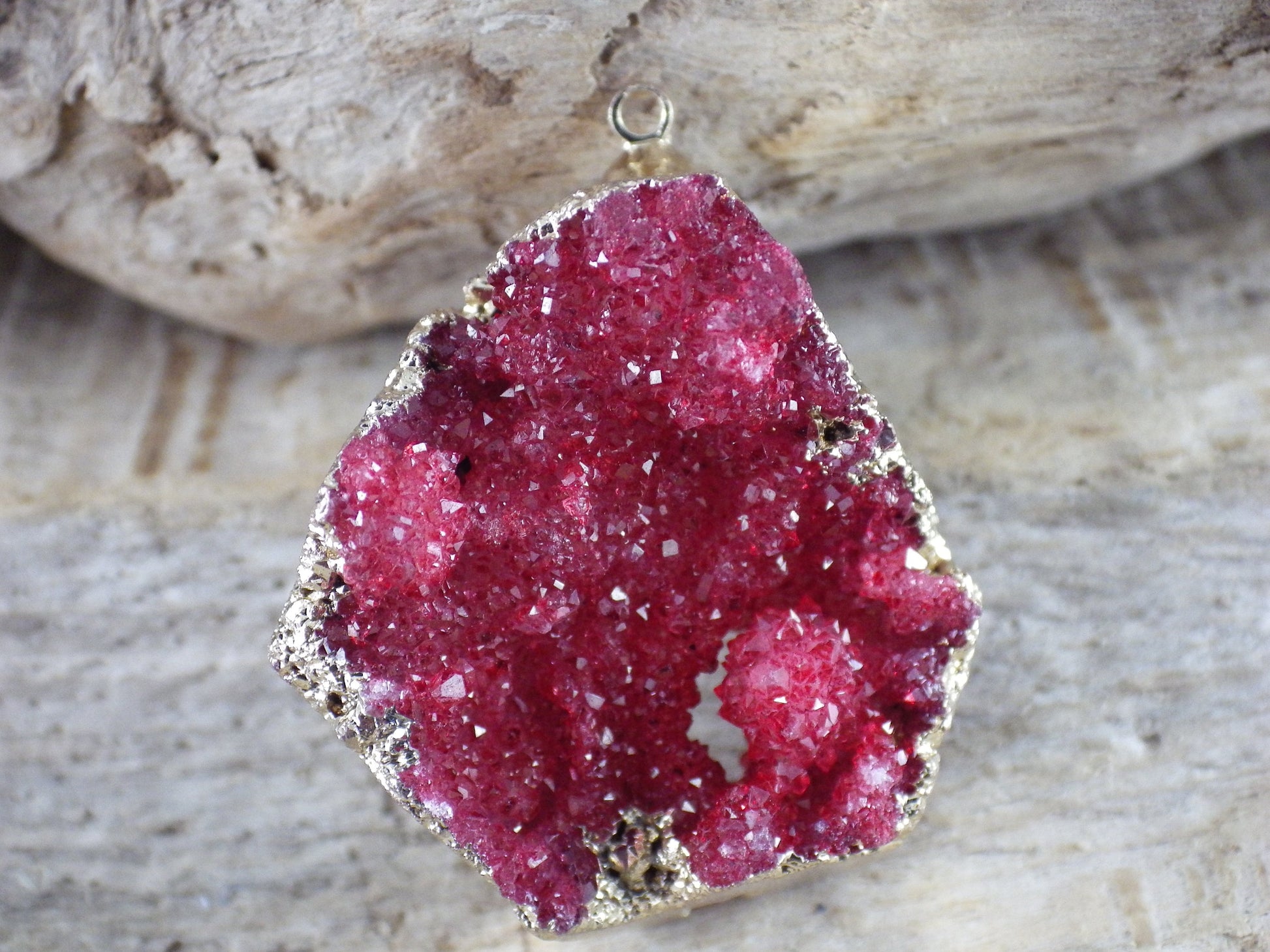 Red & Gold Druzy Quartz Geode Pendant 33x28mm, Semi Precious Gemstone, Loose Stone, Designer Jewellery Making Supplies UK N5