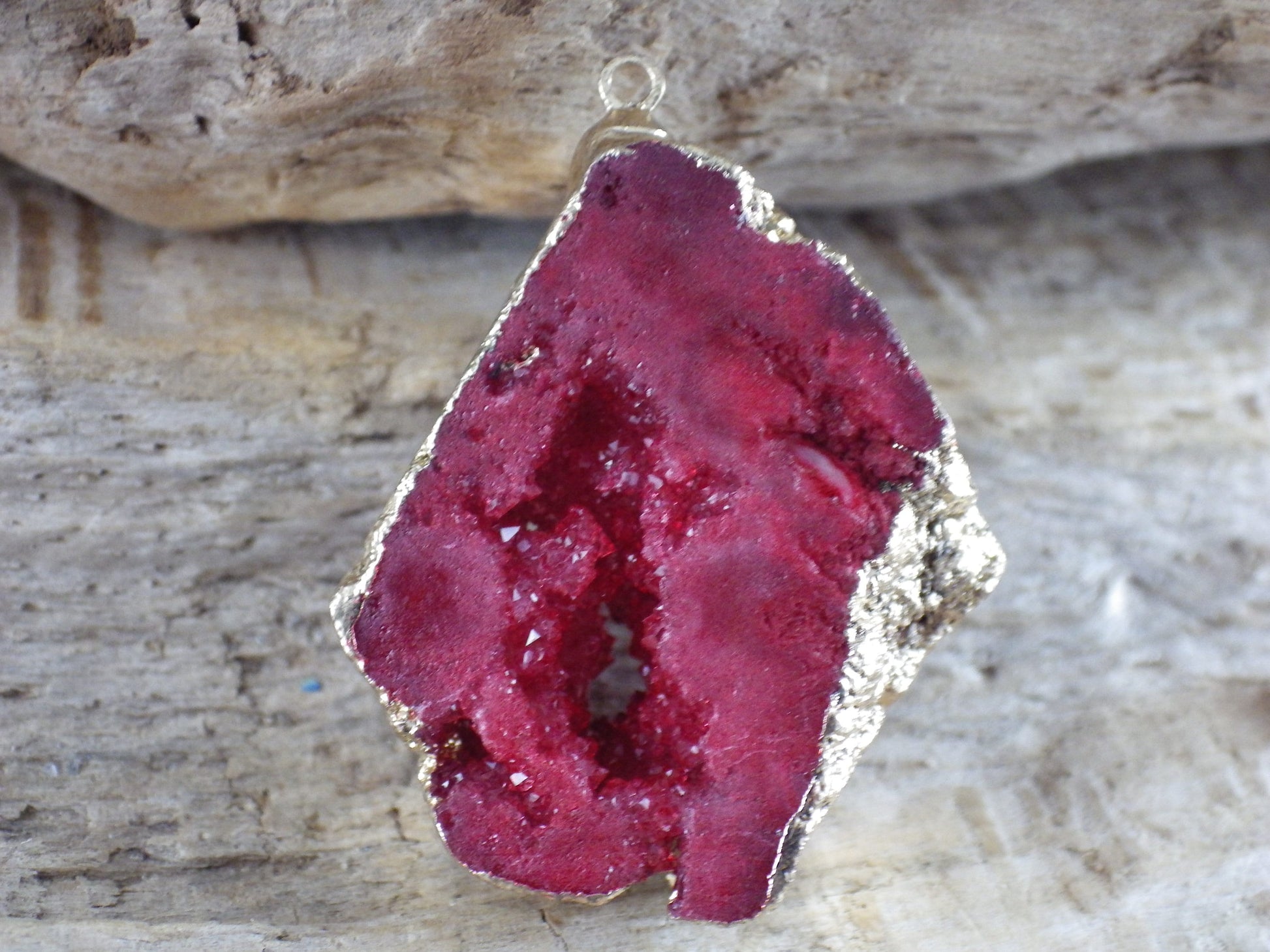 Red & Gold Druzy Quartz Geode Pendant 33x28mm, Semi Precious Gemstone, Loose Stone, Designer Jewellery Making Supplies UK N5