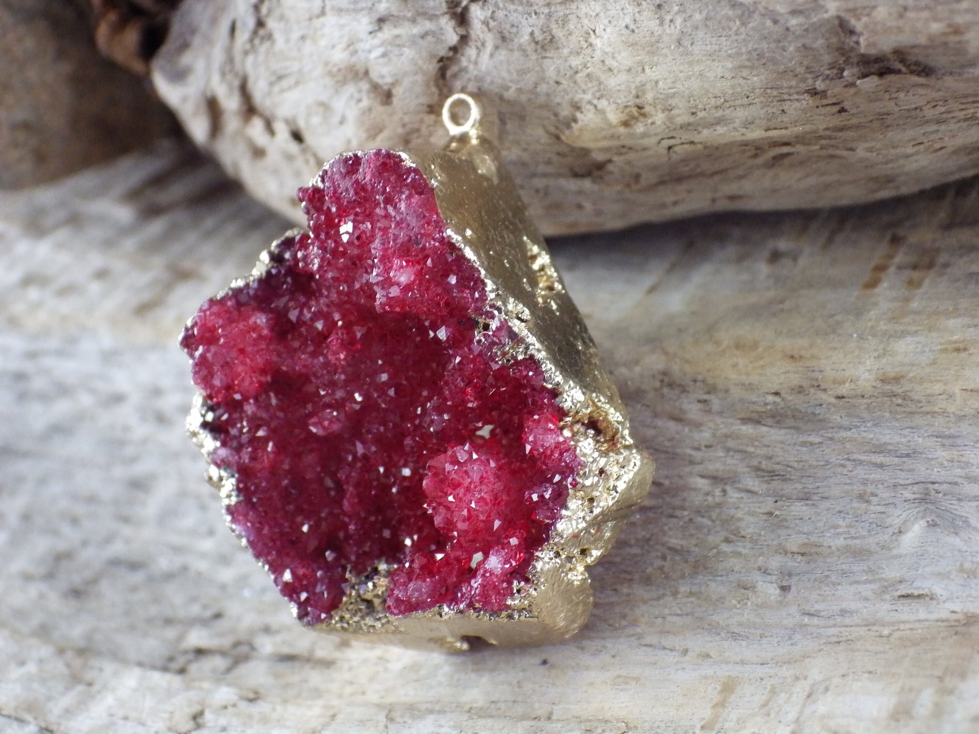 Red & Gold Druzy Quartz Geode Pendant 33x28mm, Semi Precious Gemstone, Loose Stone, Designer Jewellery Making Supplies UK N5