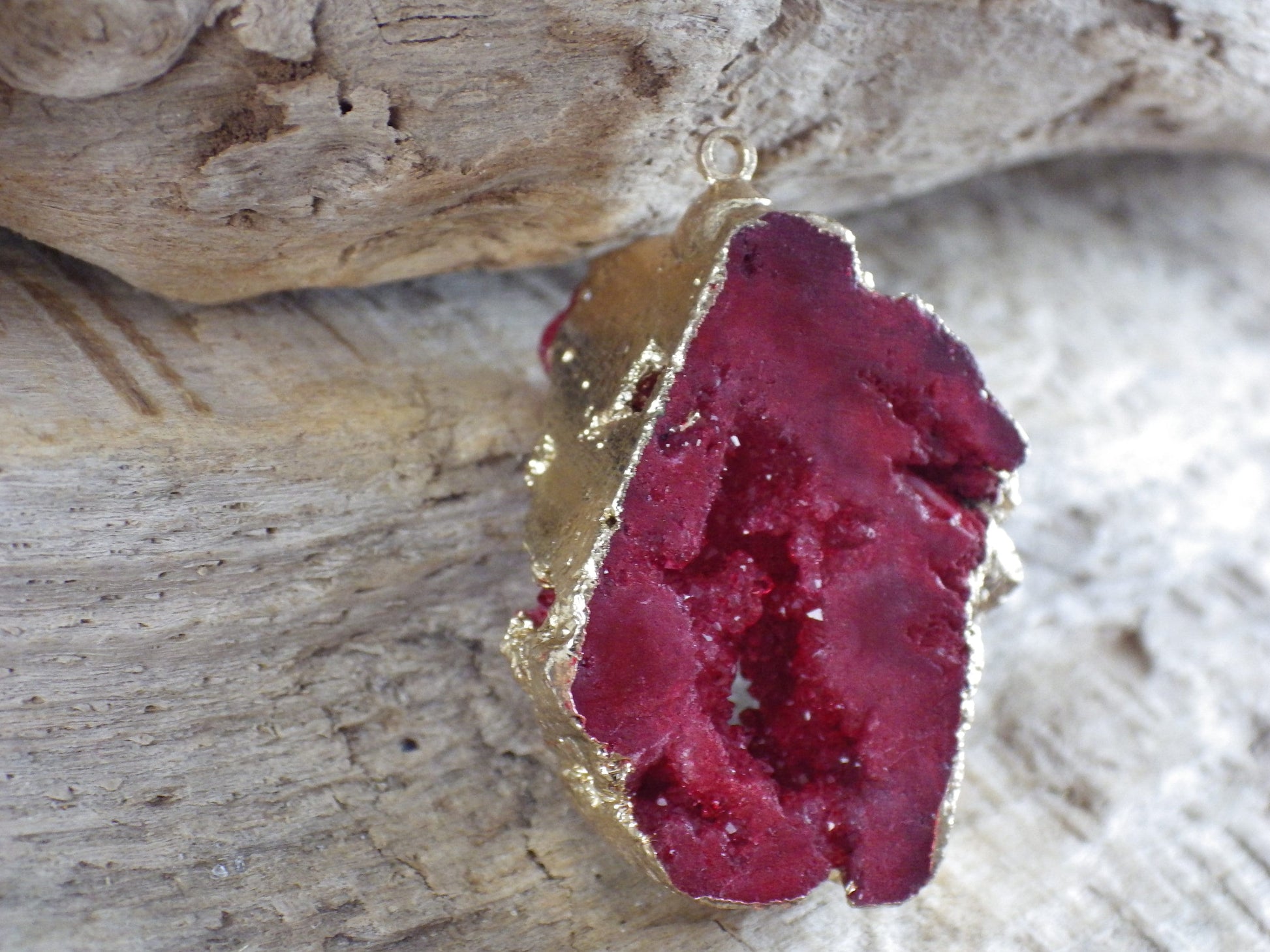 Red & Gold Druzy Quartz Geode Pendant 33x28mm, Semi Precious Gemstone, Loose Stone, Designer Jewellery Making Supplies UK N5
