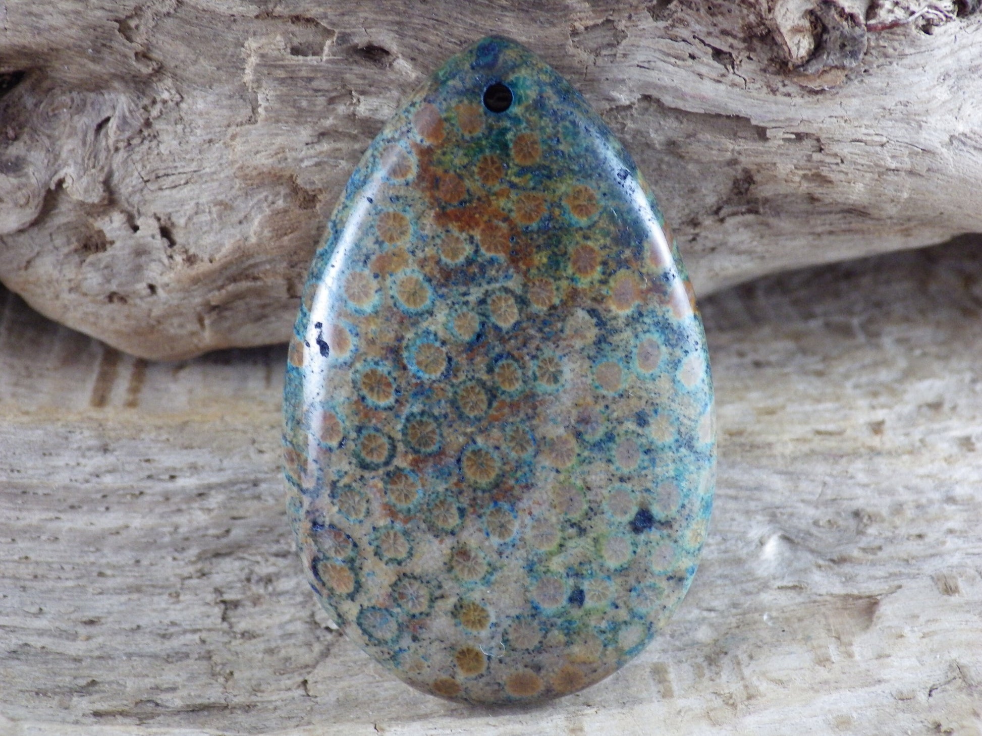 Blue Fossil Coral Jasper Teardrop Pendant, 47x31mm Semi Precious Gemstone, Necklace Pendant, Designers Loose Stone, Jewellery Supplies H9