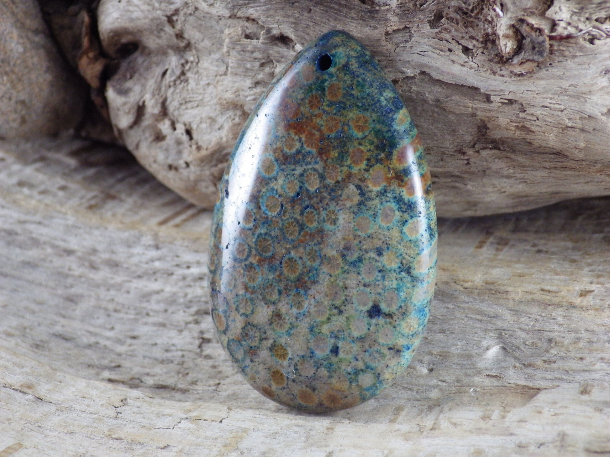 Blue Fossil Coral Jasper Teardrop Pendant, 47x31mm Semi Precious Gemstone, Necklace Pendant, Designers Loose Stone, Jewellery Supplies H9