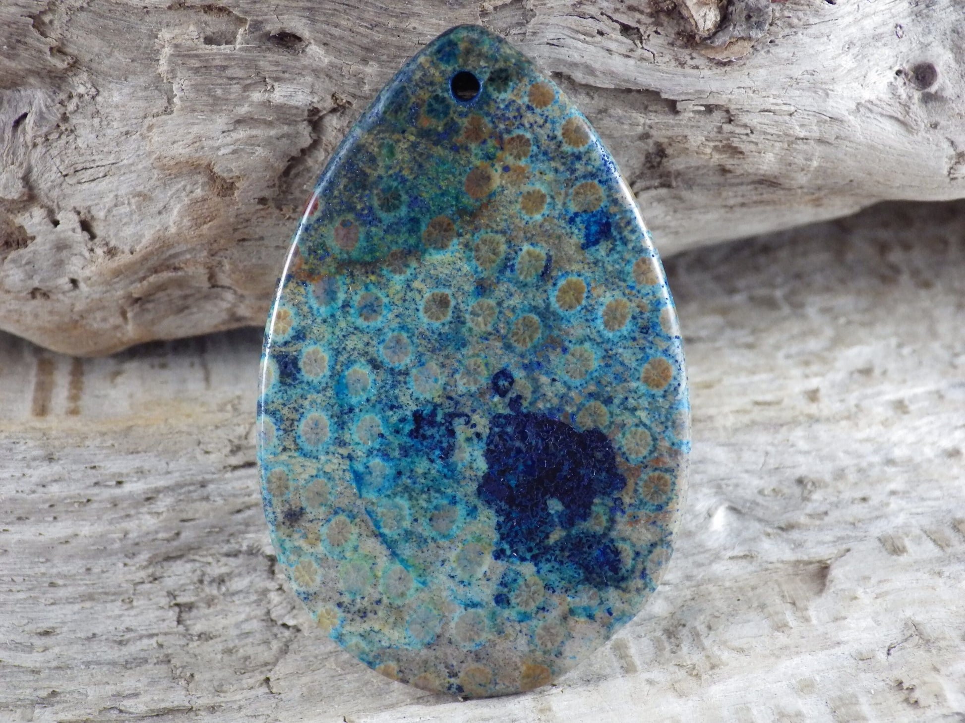 Blue Fossil Coral Jasper Teardrop Pendant, 47x31mm Semi Precious Gemstone, Necklace Pendant, Designers Loose Stone, Jewellery Supplies H9